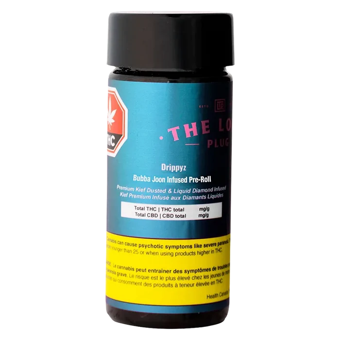 Front-facing shot of a black-capped bottle labeled "Drippyz Bubba Joon Infused PR 5 x 0.5 g" against a white background, showing teal label text and a yellow warning band.