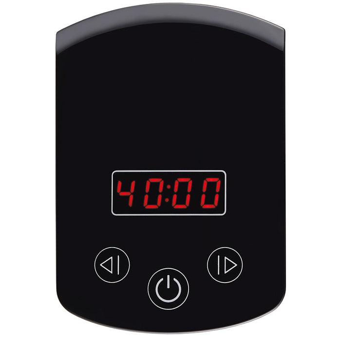 Die Unold Eismaschine Gelato inklusive Eisbuch 1,5 L verfügt über einen schwarzen digitalen Timer mit einer roten LED-Anzeige bis 40:00 und drei Touch-Tasten für Power, Play/Pause und Anpassung.