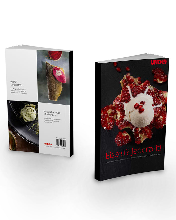 Zwei Bücher stehen aufrecht. Die Vorderseite zeigt ein Dessert mit Granatapfelkernen und Eiscreme. Die Rückseite trägt den Titel „Eismaschine Snow inklusive Eisbuch 1 L“ von Unold und zeigt Eiswaffeln sowie Texte zu veganen und kreativen Rezepten.