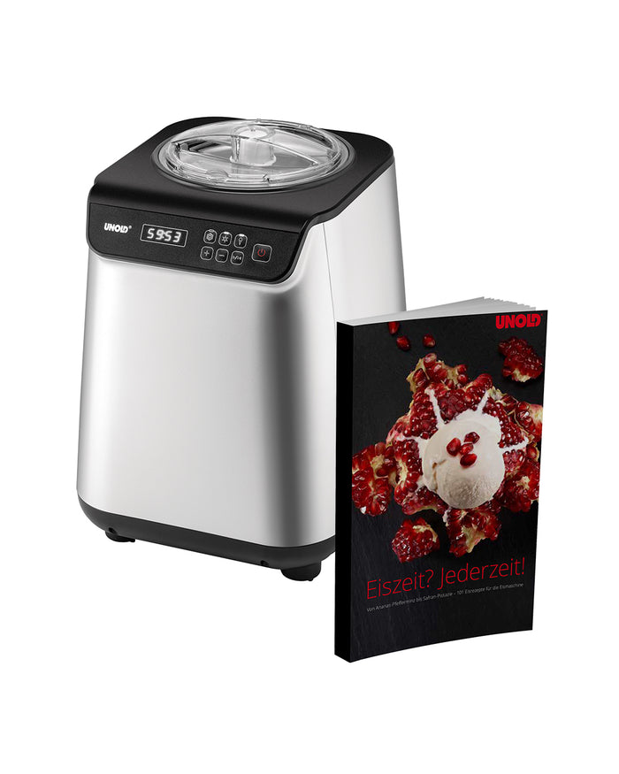 Die Unold Eismaschine Uno 1,2 L in Silber und Schwarz verfügt über eine digitale Anzeige und Bedientasten, neben denen das mitgelieferte Rezeptbuch „Eisbuch“ mit einem Dessert mit Eis und Beeren auf dem Cover abgebildet ist.