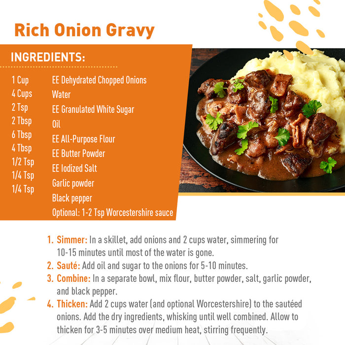 Recipe card for rich onion gravy with ingredients and preparation steps.