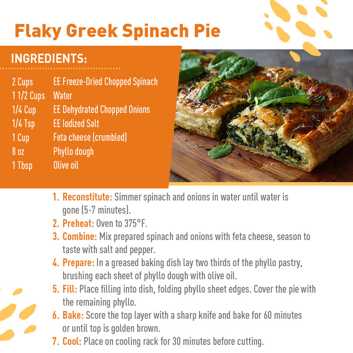 Flaky Greek Spinach Pie recipe card with ingredients and preparation steps.