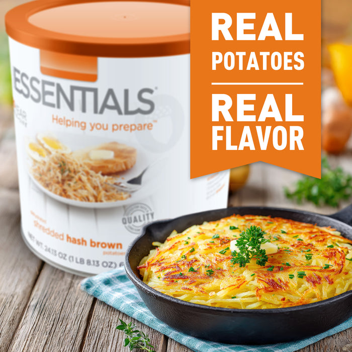 Can of hash browns with a bowl of hash browns