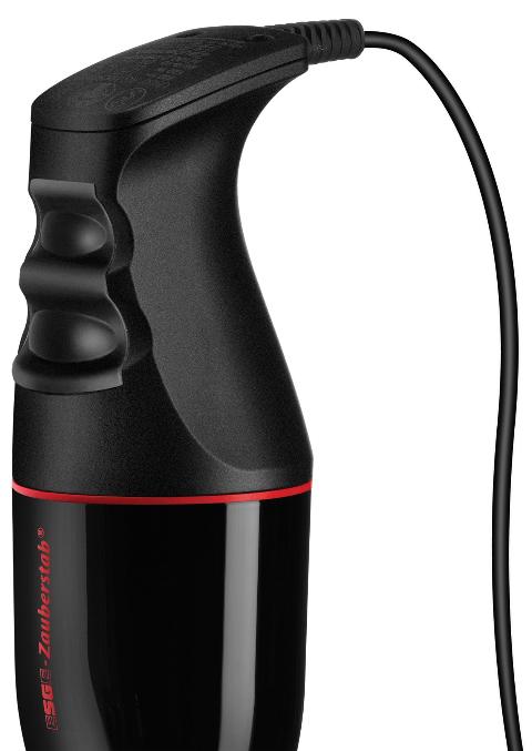 Eine Nahaufnahme des ESGE-Zauberstab 901295 M 100 Stabmixer schwarz, eines schwarzen elektrischen Handstabmixers von ESGE Zauberstab mit einem gebogenen ergonomischen Griff und einem oben angebrachten Netzkabel.