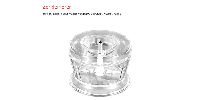 Der Unold ESGE-Zauberstab Bundle E 120 Select Creme ist ein transparenter Handzerkleinerer mit rundem Deckel zum Zerkleinern von Gewürzen, Nüssen und Kaffee. Er ist auf einem weißen Hintergrund mit deutschem Text darüber abgebildet.