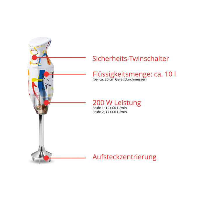 Der ESGE-Zauberstab Design Edition Pop Art von Unold AG verfügt über ein farbenfrohes Spritzerdesign, einen Sicherheits-Doppelschalter, 10L Flüssigkeitsvolumen, 200W Leistung, zwei Geschwindigkeiten (12.000 & 17.000 U/min) und ein steckbares Zentriersystem.