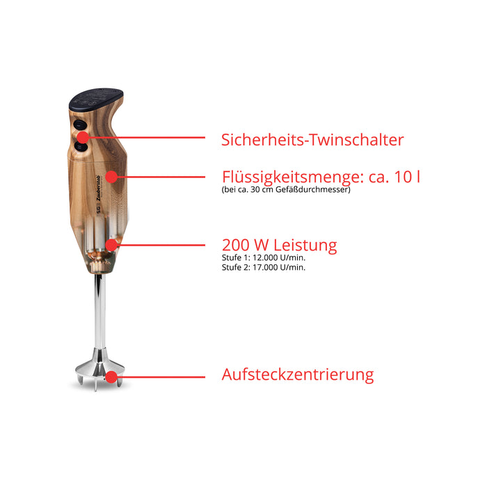 Der ESGE-Zauberstab Design Edition Douglasie Stabmixer von ESGE-Zauberstab verfügt über einen Sicherheits-Doppelschalter, ein Fassungsvermögen von ca. 10 Litern, eine Leistung von 200 Watt (12.000/17.000 Umdrehungen pro Minute), eine Plug-in-Zentrierung, eine Holzoberfläche und einen Metall-Mixerschaft.