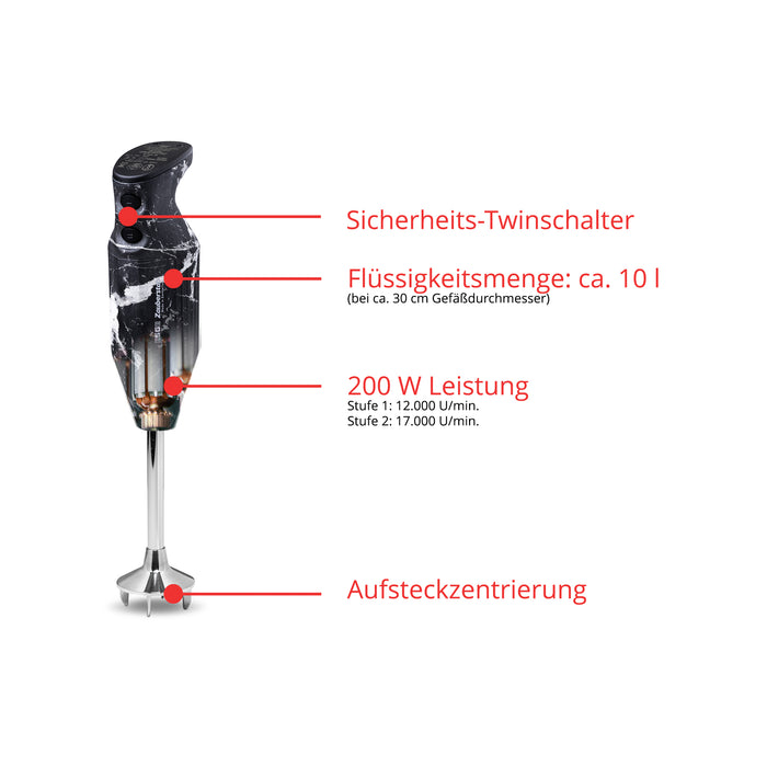 Der ESGE-Zauberstab Design Edition Marmor-Schwarz Stabmixer verfügt über einen Sicherheits-Doppelschalter, ein Fassungsvermögen von ca. 10L (für ~30cm Behälter), 200W Leistung mit zwei Geschwindigkeitsstufen und eine Steckzentrierung.