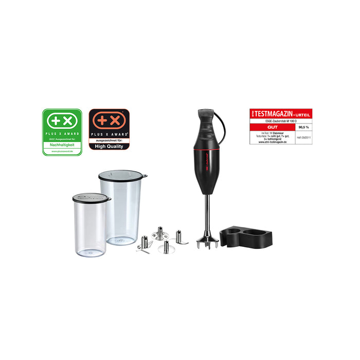 Der ESGE Zauberstab E 120 Design Schwarz 915201 beinhaltet einen schwarzen Stabmixer, zwei transparente Behälter, vier Metallaufsätze, eine Doppelhalterung und trägt drei Auszeichnungsplaketten für Nachhaltigkeit, Qualität und Testurteil.