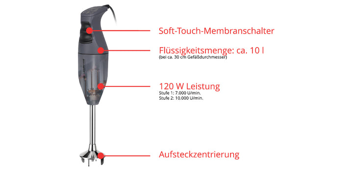 Der Unold ESGE-Zauberstab E 120 Select + Magic Fusion Anthrazit verfügt über einen Soft-Touch-Membranschalter, ca. 10 Liter Fassungsvermögen für Flüssigkeiten, 120 Watt Leistung mit zwei Geschwindigkeitsstufen und eine Einsteckzentrierung für Aufsätze.