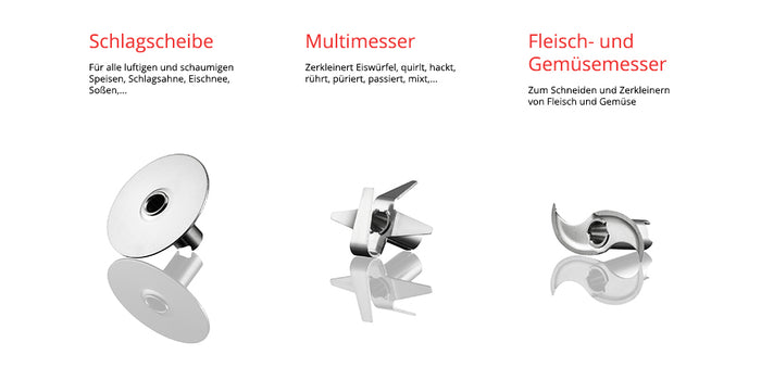 Der Unold ESGE-Zauberstab E 120 Select + Magic Fusion Anthrazit enthält drei Aufsätze: eine Schlagscheibe, ein Multimesser und ein Fleisch- und Gemüsemesser, die alle auf weißem Hintergrund abgebildet sind.