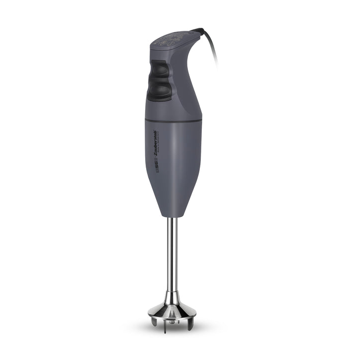 Der ESGE-Zauberstab M100 Exklusiv Edition von ESGE-Zauberstab ist ein grauer Stabmixer mit schwarzen Tasten, einem silbernen Mixerschaft und einem oben angebrachten Netzkabel.