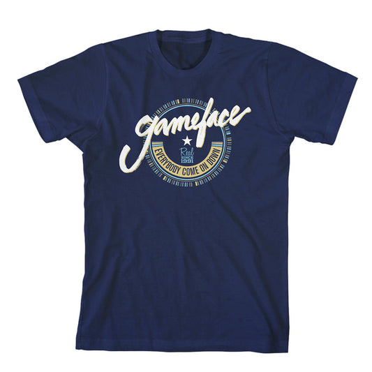 Gameface navy blue t-shirt with bold white script and a circular design below, displaying "Real Beast" and "Everybody Come On Down T-Shirt" text.