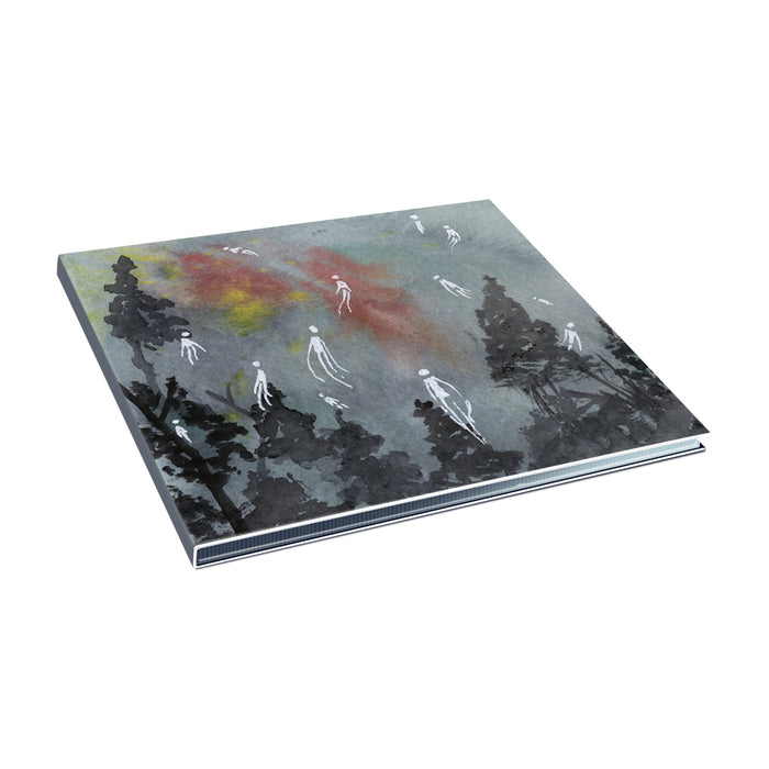 A closed book from Household with a cover showing white, ghost-like figures above dark trees and a cloudy, multicolored sky, evoking the mysterious style of "Dark Matter.