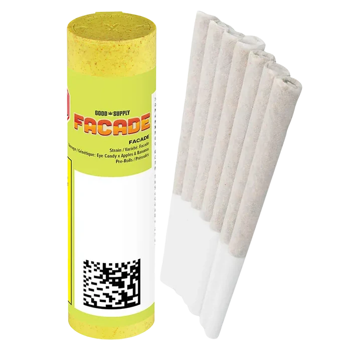Vertical product shot of a yellow-lidded Facade PR 7 x 0.5 g tube standing beside seven white pre-rolls arranged in a neat row.