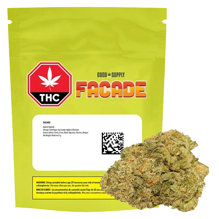 Front-facing pouch of Good Supply Facade in lime packaging with a white label, THC stop sign logo, and a cannabis bud at the lower right.