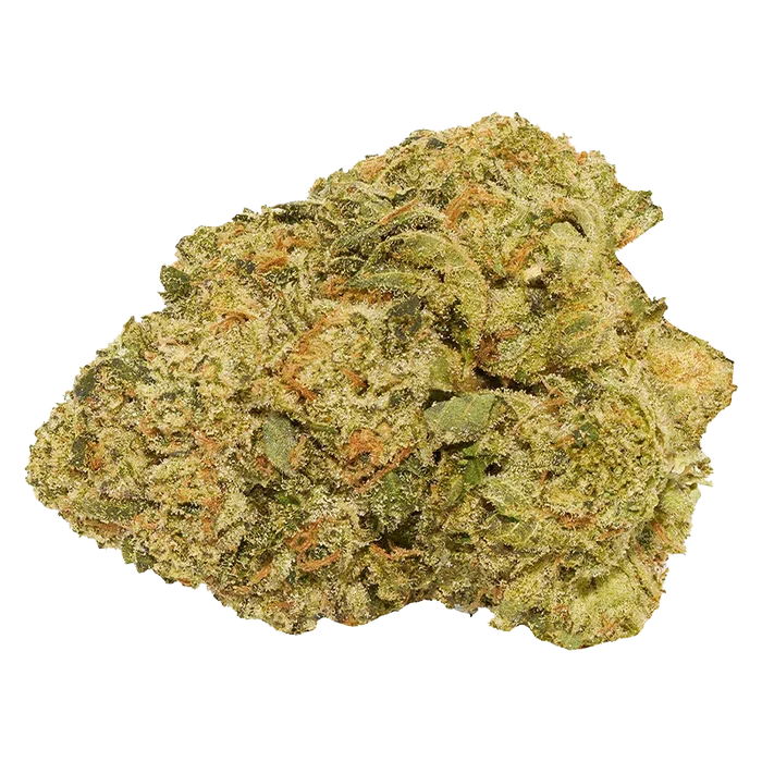 Close-up of the green and amber trichome-covered nugget of Facade.