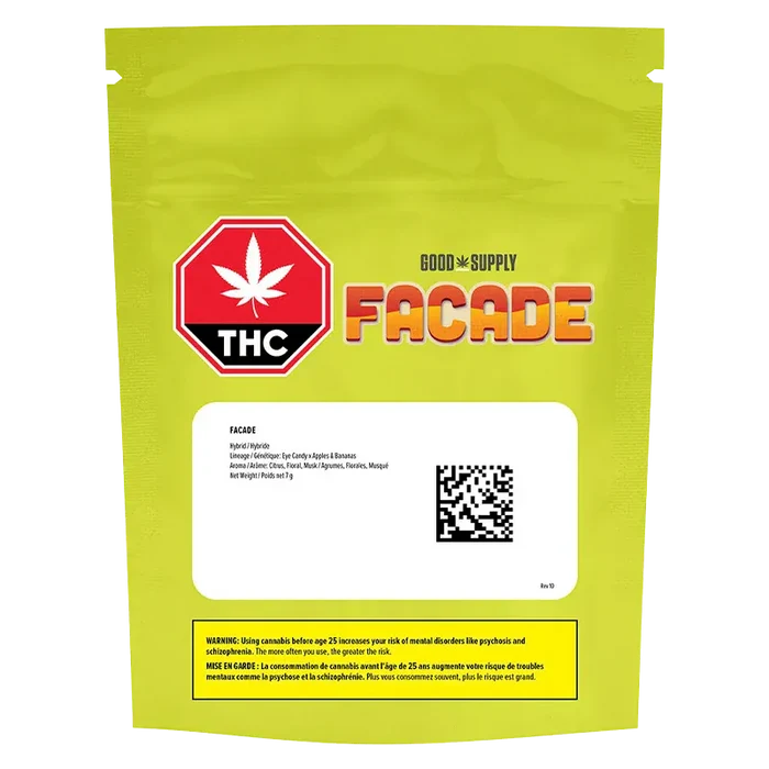 Front-facing shot of the bright lime-green Good Supply Facade pouch with bold logo, THC stop sign, and white info label.
