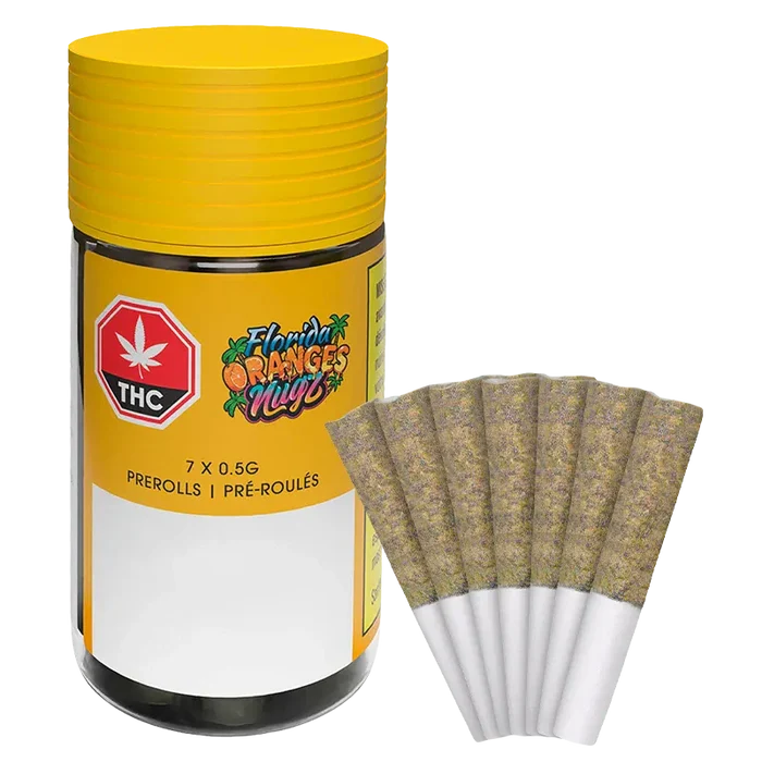 Front view of the yellow-lidded Florida Oranges PR 7 x 0.5 g jar with seven cone-shaped pre-rolls fanned beside it.