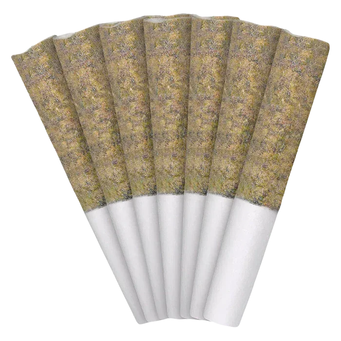 Top-down fan arrangement of seven pre-rolled cones labeled Florida Oranges PR 7 x 0.5 g, showing the textured orange-brown fill and white paper bases.