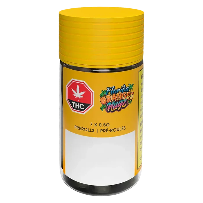 Front view of the yellow-capped Florida Oranges PR 7 x 0.5 g container with its logo and THC symbol on a white backdrop.