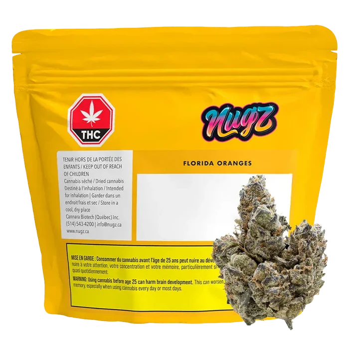 Front-facing shot of a yellow resealable pouch labeled "Nugz Florida Oranges" with a THC symbol and a cannabis bud pictured at the lower right.