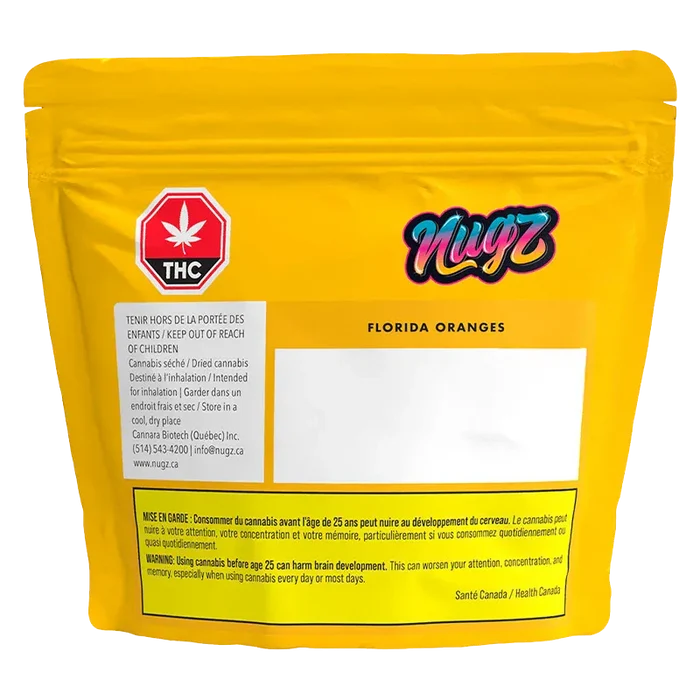 Front-facing yellow pouch labeled "Nugz Florida Oranges" with a THC symbol, blank white label area, and warning text at the bottom.