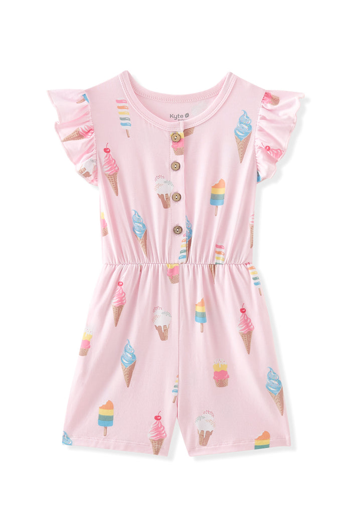Pink Flutter Sleeve Romper with Ice Cream print on white background