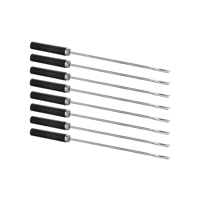 Das Unold Fondue-Gabel-Set für RACLETTE 48726 umfasst acht je zweizinkige Bratengabeln aus Metall mit schwarzen Griffen, die in parallelen Reihen auf weißem Untergrund angeordnet sind.