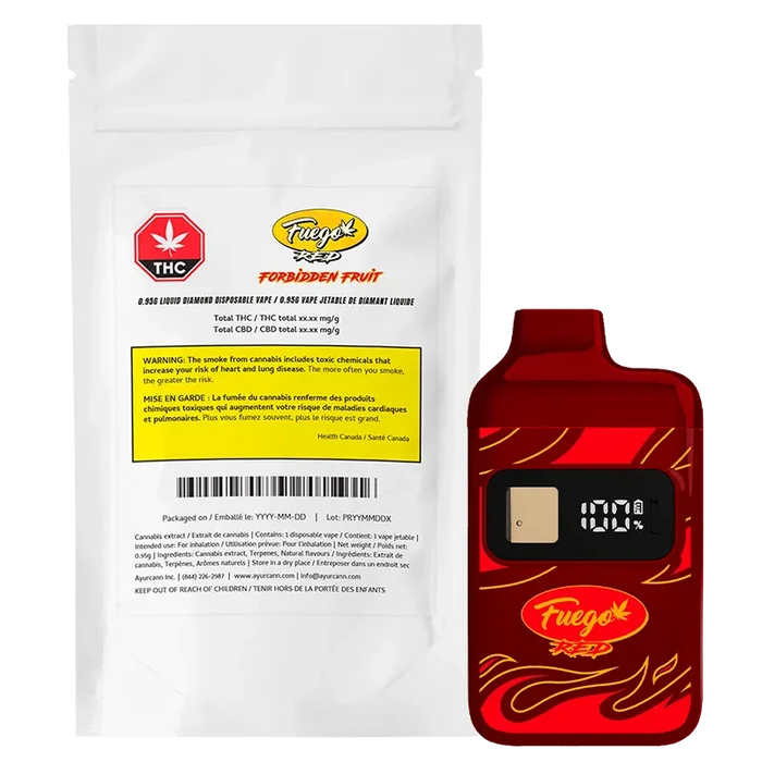 Front view of the red and gold Forbidden Fruit Liquid Diamond Disposable Vape beside its white resealable pouch, shown on a white background.