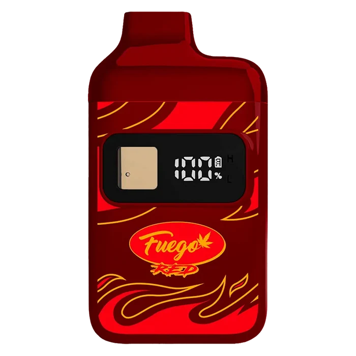 Front-facing shot of the red Forbidden Fruit Liquid Diamond Disposable Vape showing a rectangular black OLED readout and flame graphics on its glossy body.
