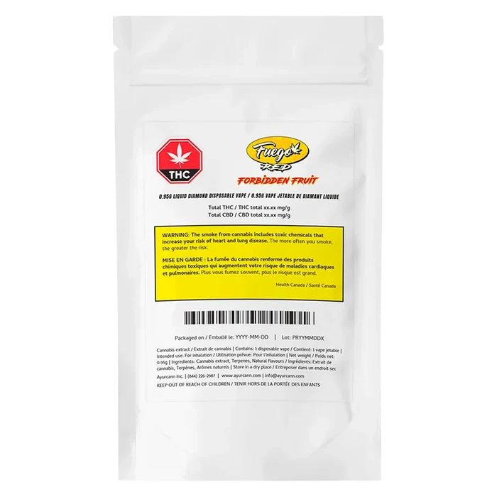 White resealable pouch photographed front-facing on white background showing the label for Forbidden Fruit Liquid Diamond Disposable Vape with THC symbol and yellow warning box.
