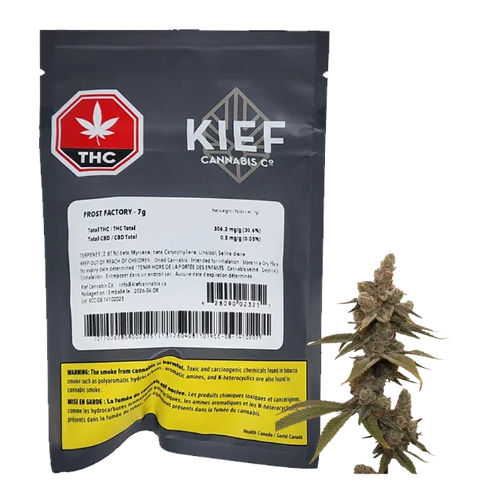 Front view of the Frost Factory 7g black Kief Cannabis Co. pouch with a labeled panel and a cannabis bud beside it.