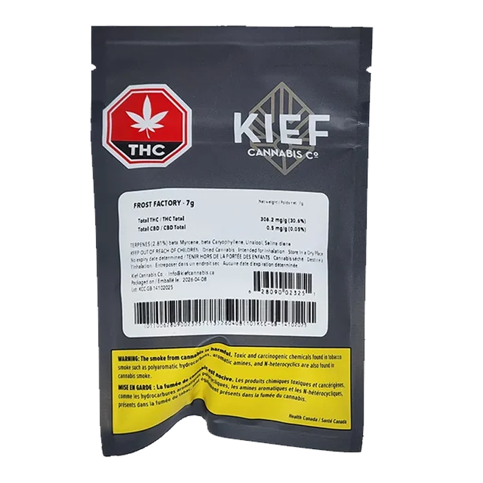 Front view of the black pouch labeled "Frost Factory" by KIEF Cannabis Co., showing a red THC symbol, white info panel and yellow warning strip.