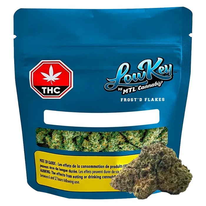 Front-facing pouch of Frost'd Flakes by LowKey showing a blue resealable bag with a THC symbol, window of green buds, and a bud in front.