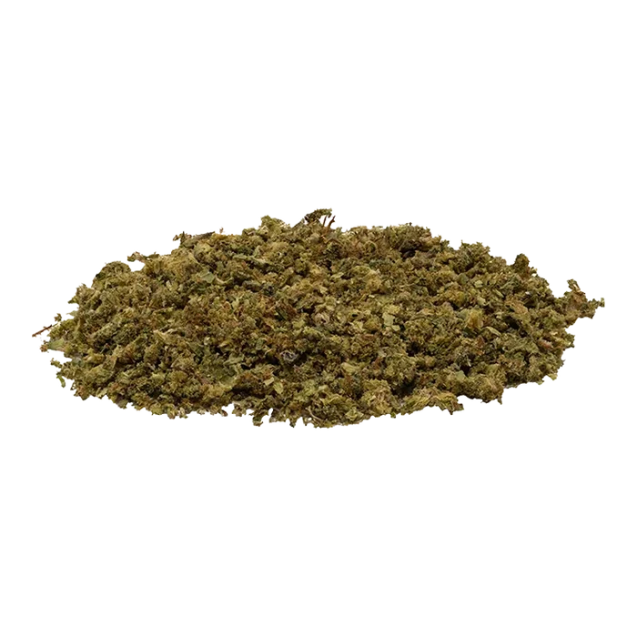 Close-up top-down view of a loose pile of shredded green herb labeled Fruit Stripez sitting on a white background.
