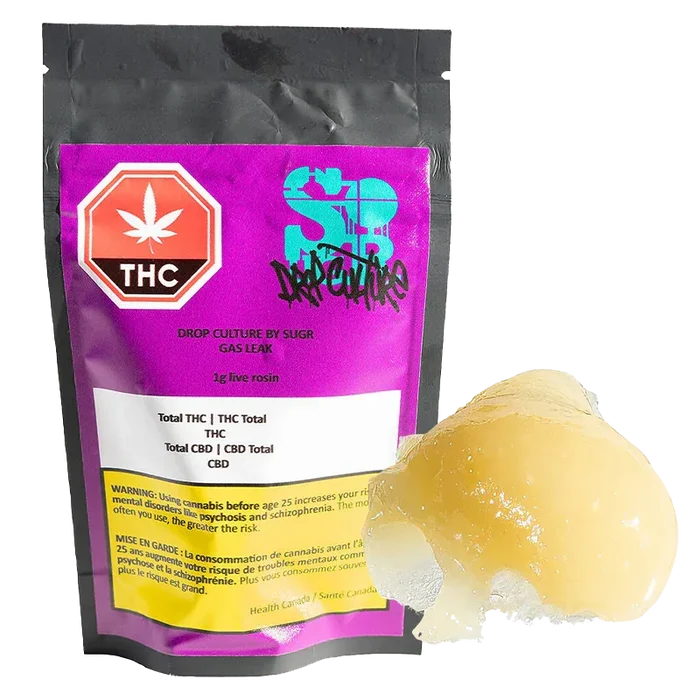 Front view of a purple pouch labeled Gas Leak Rosin with a hexagonal THC symbol, shown beside a glossy 1 g amber dab of rosin.