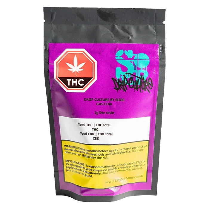 Front view of a purple pouch labeled "Gas Leak Rosin" with a red THC octagon and graffiti-style "Drop Culture by Sugr Gas Leak" branding.