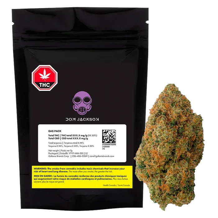 Front-facing shot of the black pouch and adjacent bud labeled "Gas Pack" with the Dom Jackson Gas Pack branding visible.