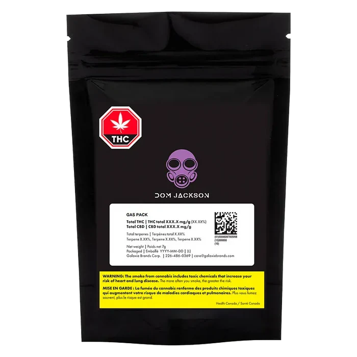 Front view of the black Dom Jackson Gas Pack pouch with purple gas mask logo, white label and yellow health warning.