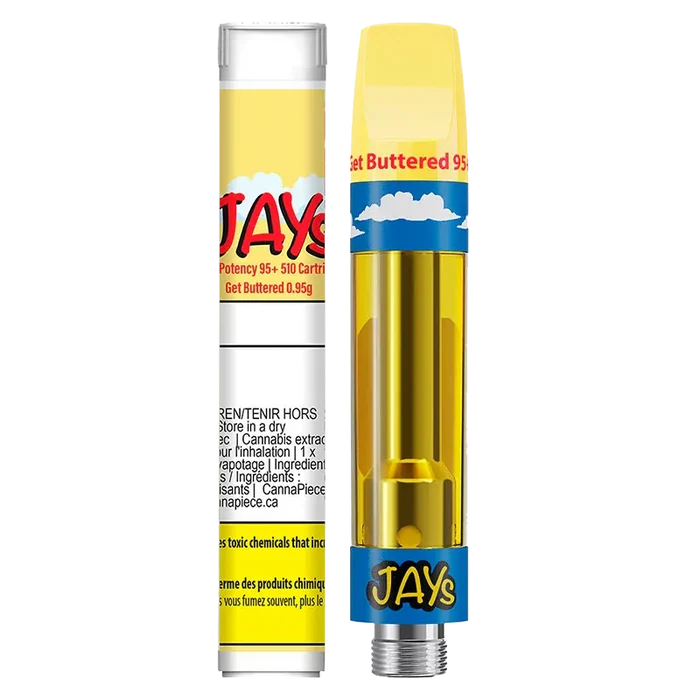 Front view of the Get Buttered Vape Cartridge showing a yellow-topped cartridge filled with golden oil beside its matching cylindrical tube.