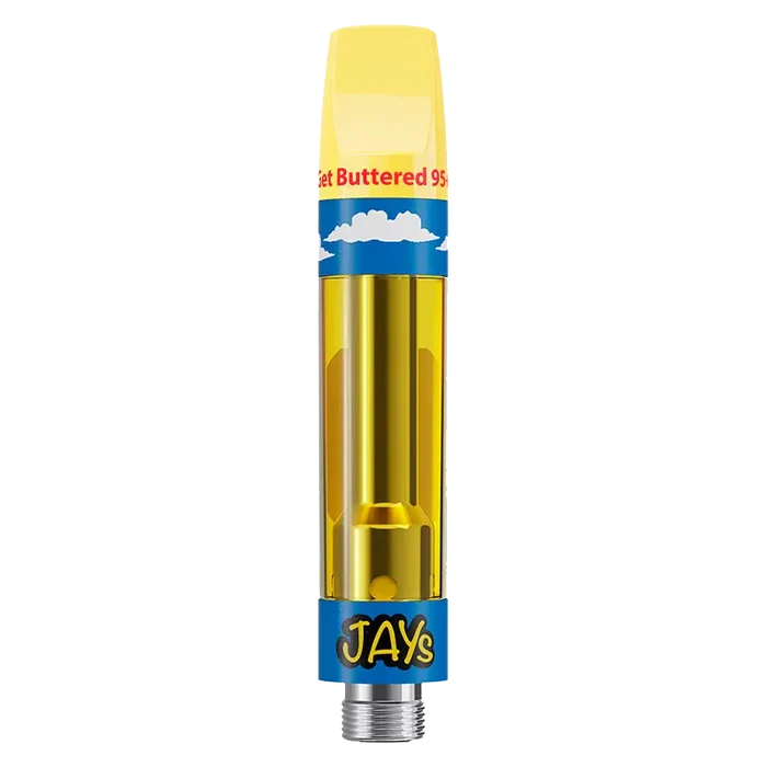 Center-aligned close-up of the Get Buttered Vape Cartridge showing its yellow mouthpiece, clear oil chamber, and blue branded base against a white background.