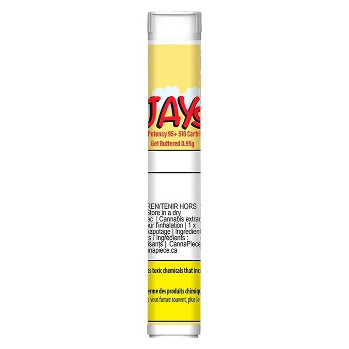 Tall front view of the Get Buttered Vape Cartridge showing its yellow label with red text and small printed warnings.