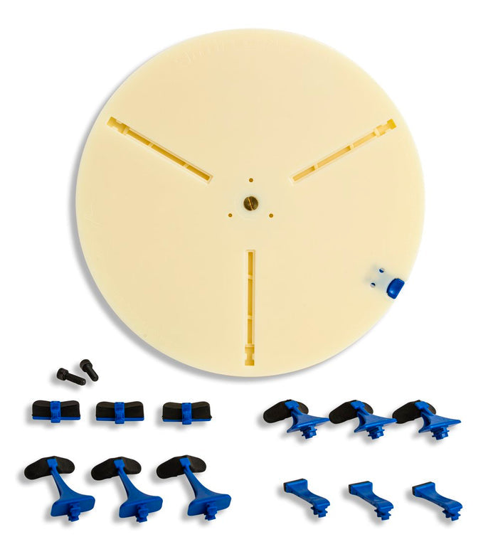 Giffin Grip Mini trimming disc with three slots, shown with two screws and four sets of blue and black sliders