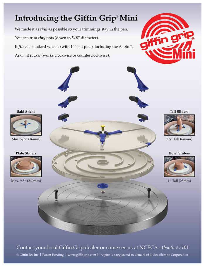 Giffin Grip Mini flyer with exploded view over a wheel head and inset photos of saki stick, tall, plate and bowl sliders