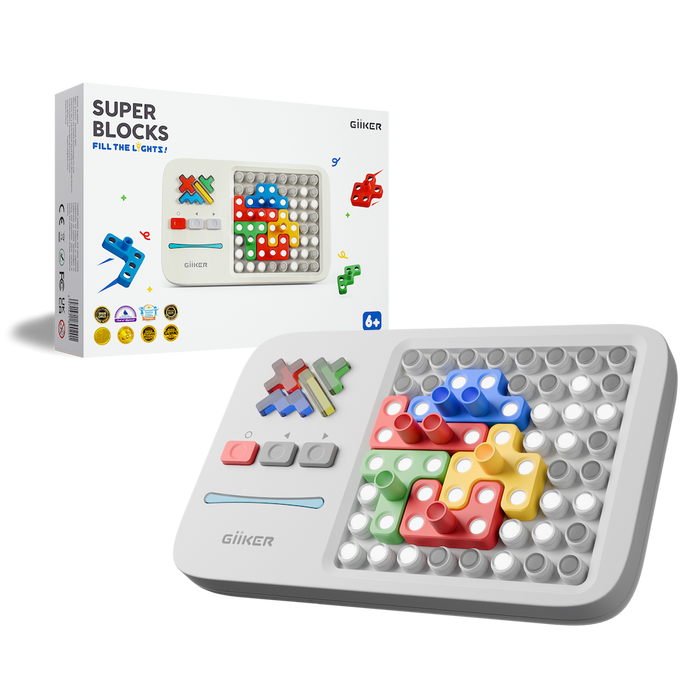 Super Blocks toy with colorful block pieces on a white background