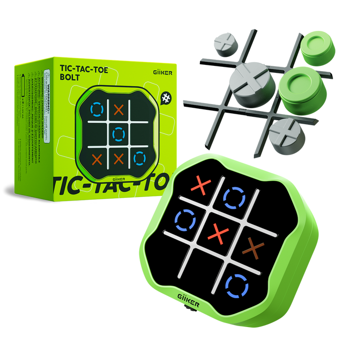 Tic-tac-toe game set with green and gray pieces and packaging on a white background