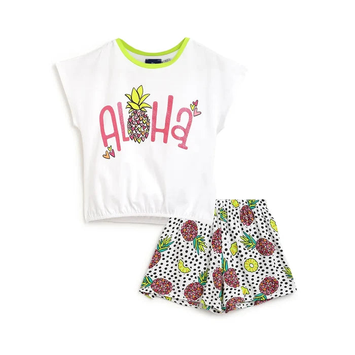 Girls White & Black Printed Top with Shorts