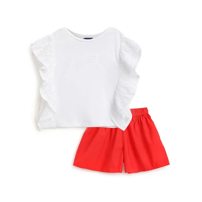 Girls White & Red Ruffled Top With Shorts