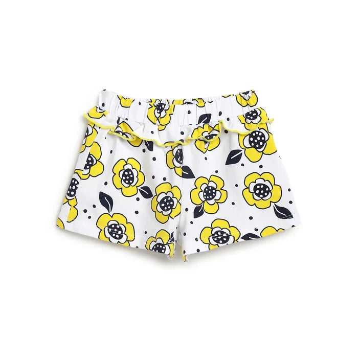 Girls White & Yellow Printed Top with Shorts